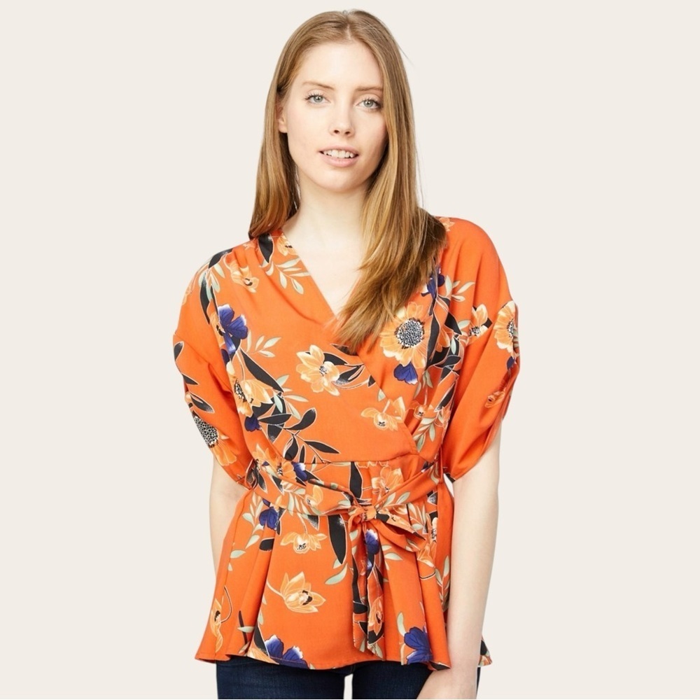 RD & Koko | Anthropologie | Orange Floral Tie Peplum Blouse | Sz XS